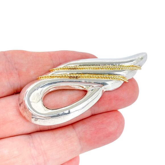 Vintage Two-Tone Sterling Silver 925 Ribbed Modernist Pin Brooch - Picture 1 of 7